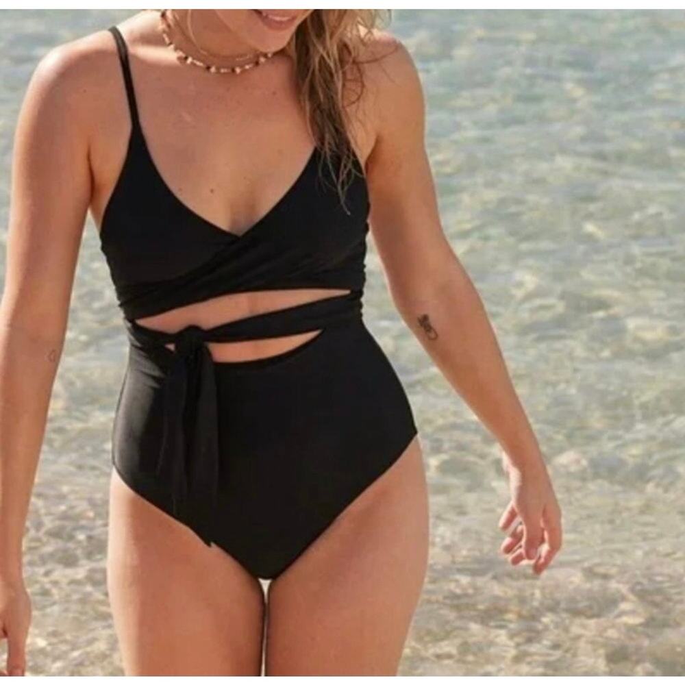 Aerie Black One Piece Swimsuit Small Petite Long Wrap Tie Cutout NWOT